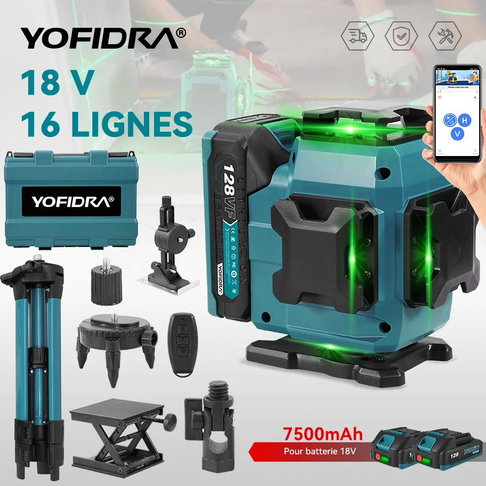YOFIDRA 16 lignes niveau laser 4D auto-nivelant 360 °   Outils de nivellement verticaux horizontaux avec trépied de 1M pour broche de batterie Makita 18V