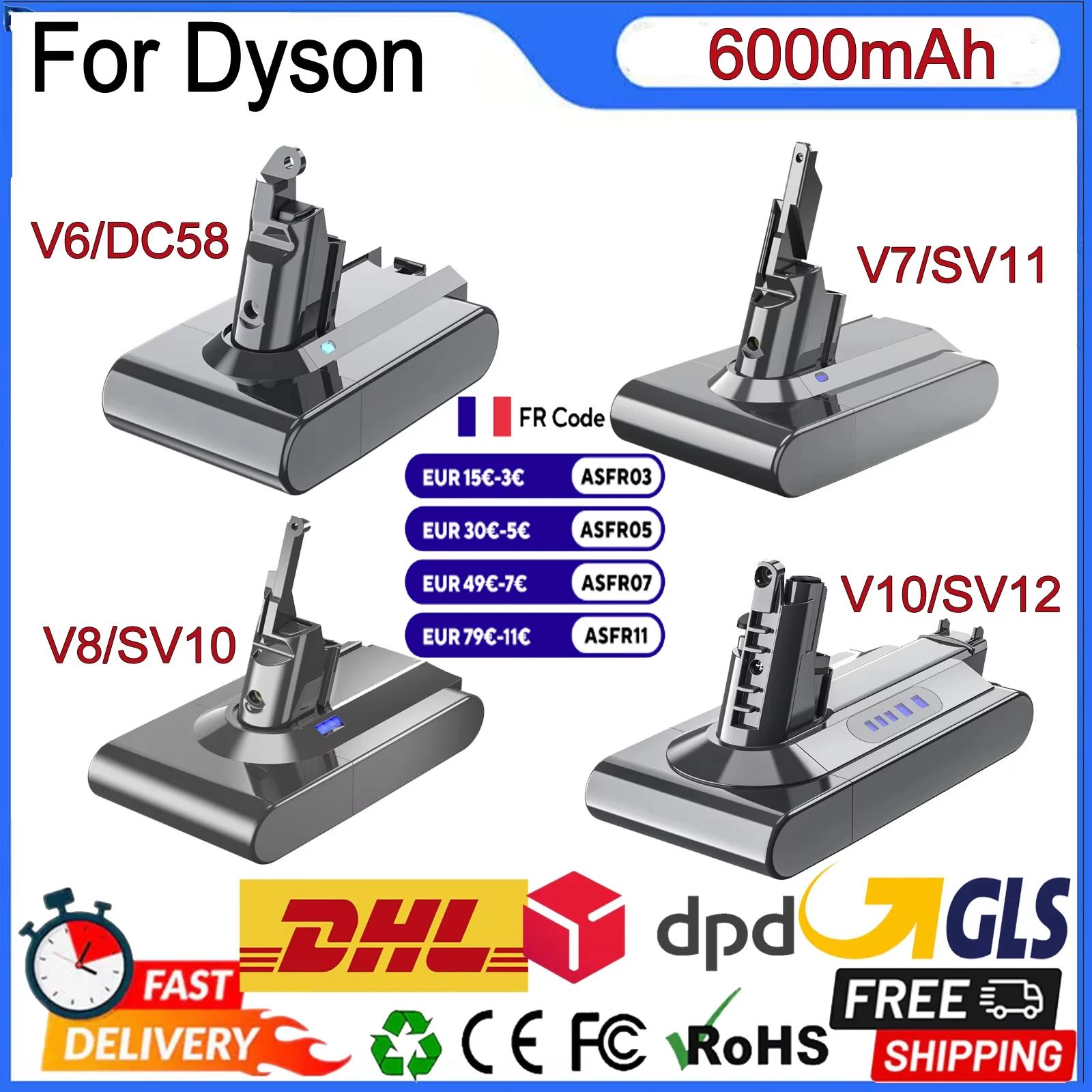 Batterie de rechange aste pour aspirateur Dyson, 21.6V, 6000mAh, V6, V7, V8, V10