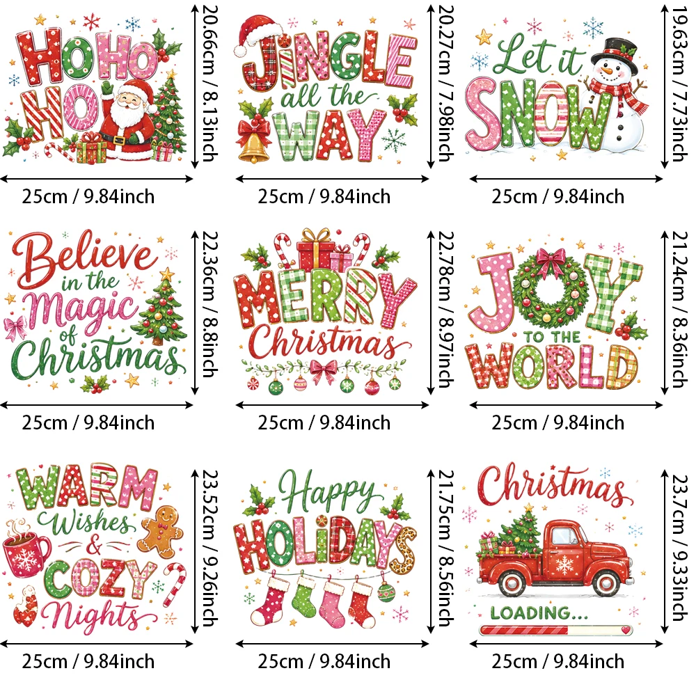 9Pcs Merry Christmas Script Iron-on Stickers, Bowknot & Bell, Easy Alignment Smooth Cold Peel No Shift