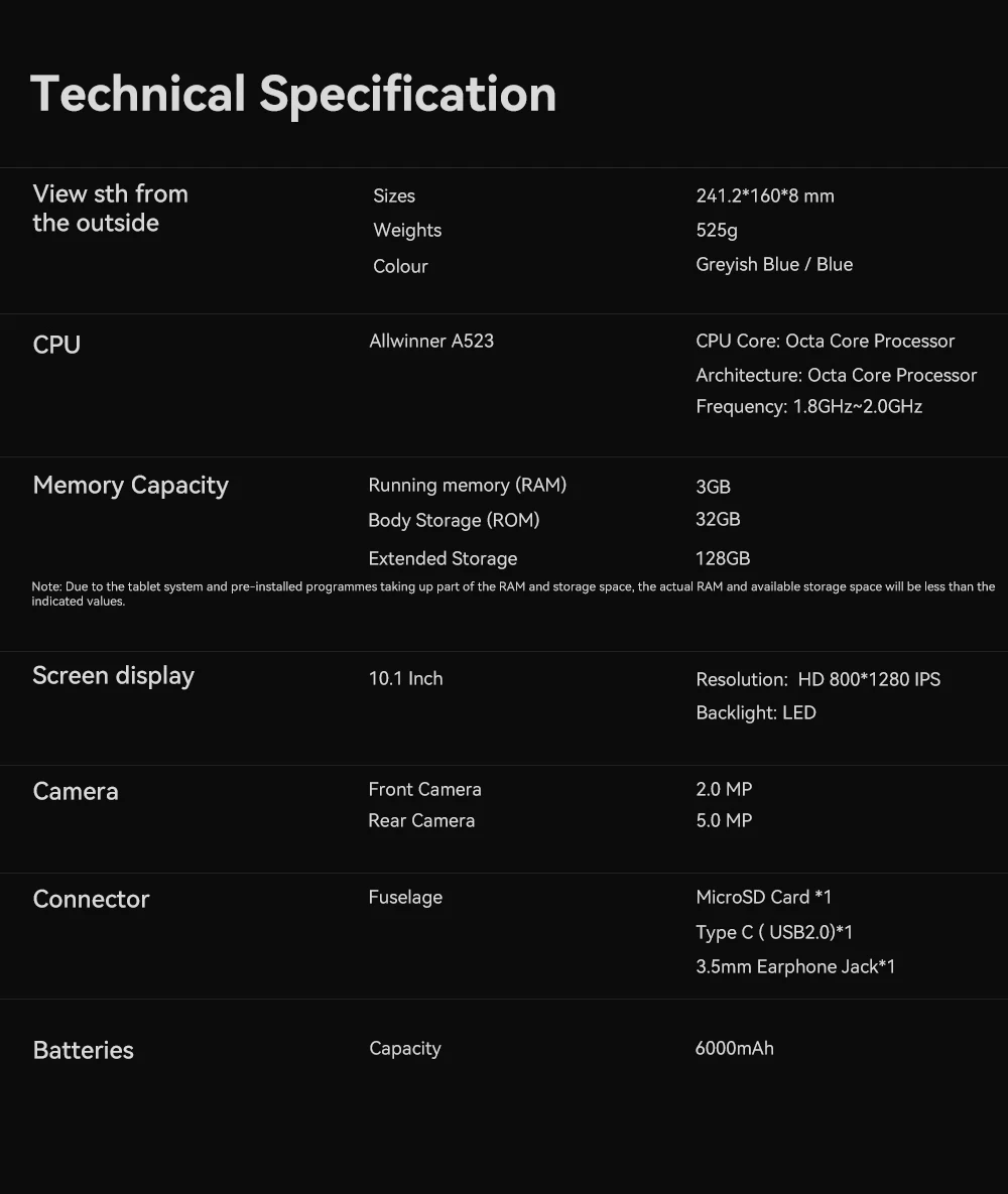 Adreamer 10.1-Inch Tablet LeoPad20 Android13 GPS Octo Core 1280*800 IPS Display 3GB 32GB 6000mAh Battery Metal Body Tablet
