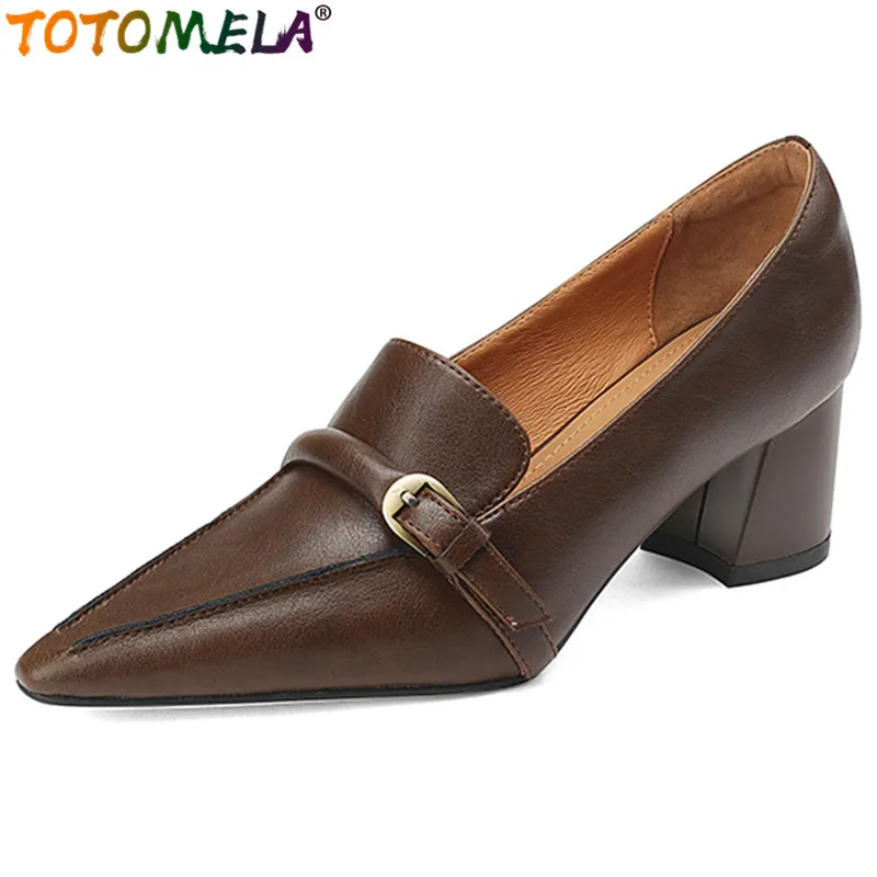 

TOTOMELA 2024 New Retro Genuine Leather Shoes Woman Slip On Thick High Heels Shoes Shallow Simple Ladies Dress Pumps