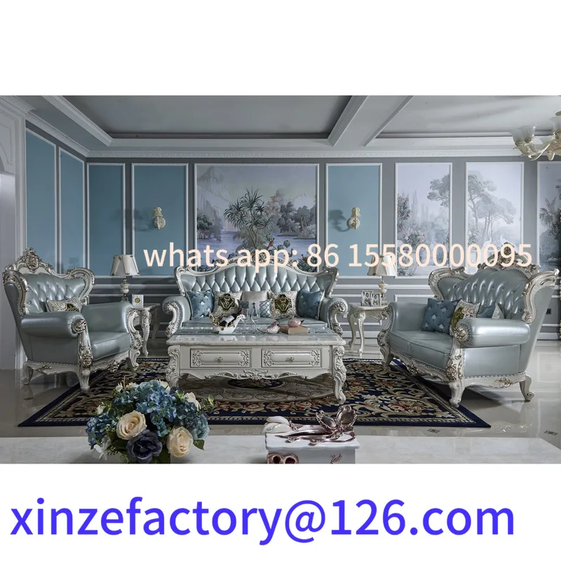 

Customizable European sofa solid wood carving flower leather