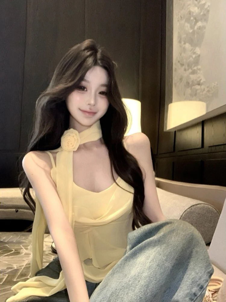 Summer Yellow Sling Vest Women's Irregular Sleeveless Slimming Drifting Belt Top Outerwear Korean Style Commute Regular Length