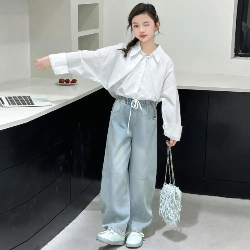 

Kawaii модная рубашка для девочек, джинсовый комплект, студенческий весенне-осенний повседневный топ с лацканами с героями мультфильмов, брюки, комплект из 2 предметов, детская одежда