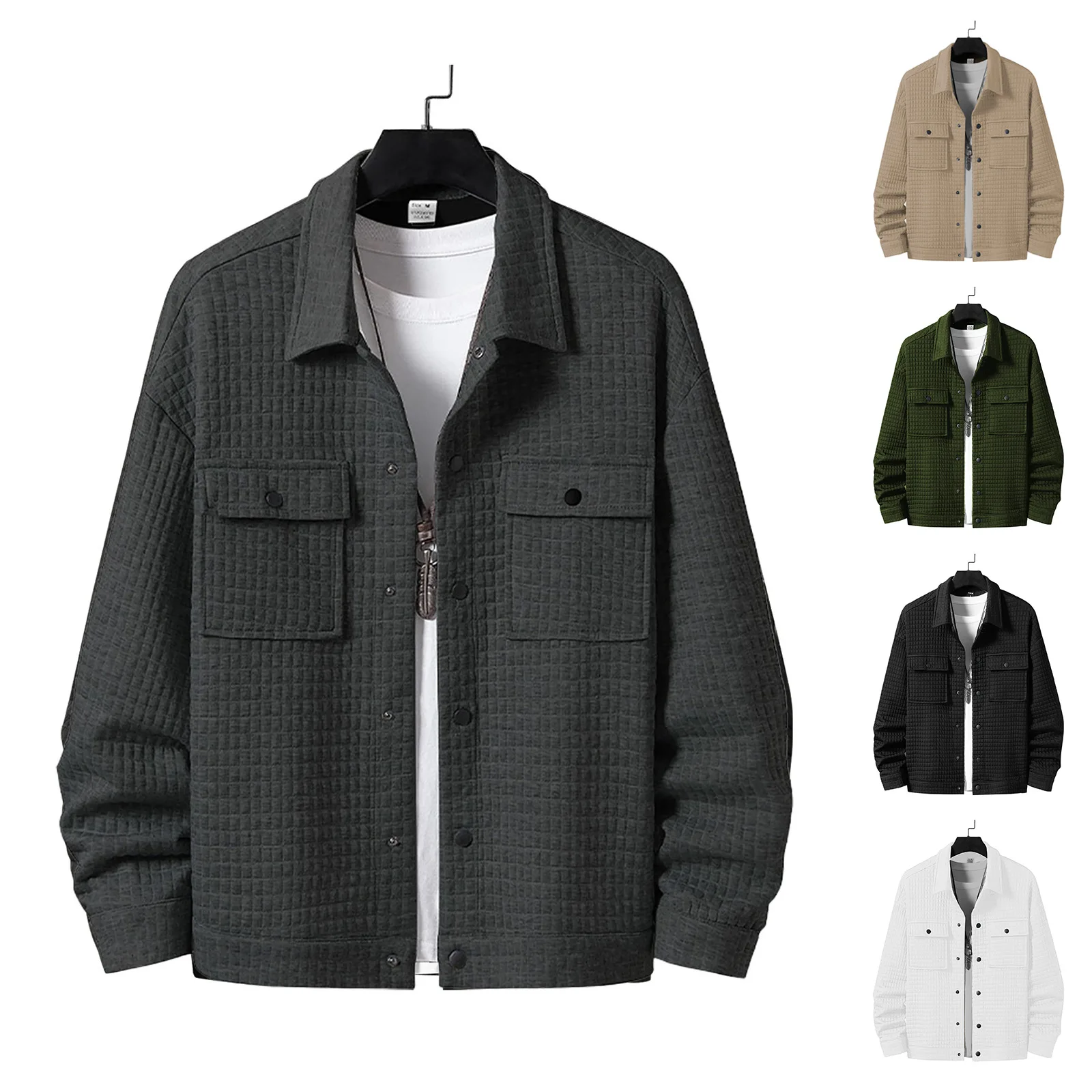New Hot Men's Spring Autumn Casual Jacquard Check Loose Shirt Jacket Overshirt Long Sleeve Button Down Collar Streetwear Fashion