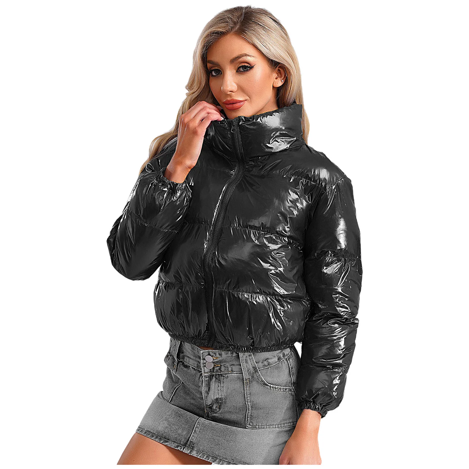Jaqueta feminina acolchoada metálica brilhante, casaco acolchoado com zíper, gola de inverno, moda urbana ao ar livre