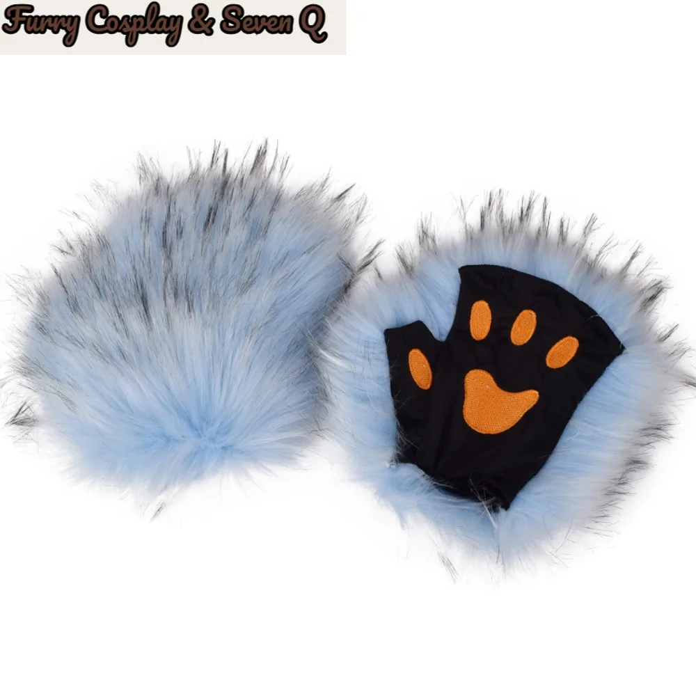 Furry Cosplay& Seven Q Cos Wolf Paw Gloves Faux Fur Cat Fingerless Mittens Winter Warm Halloween Fancy Party Costume Accessories