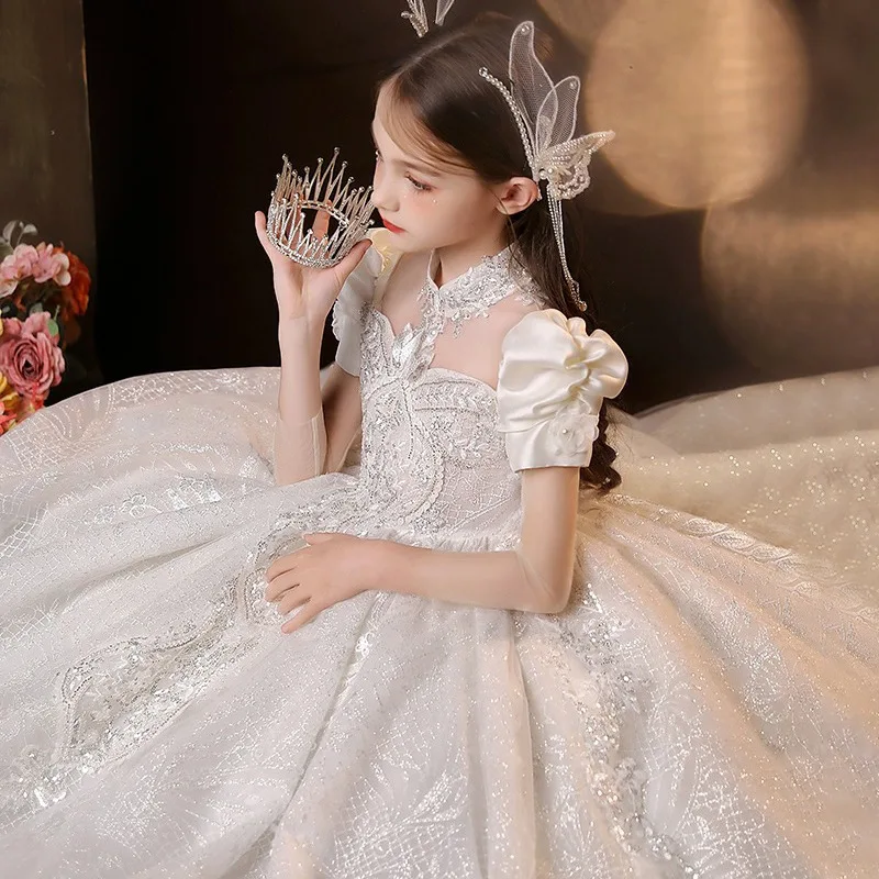 2024 Luxury Royal Party Dress for Girls Teenage Girl Elegant Sequins White Evening Dresses Children Gala Ball Gown Kid Partywear