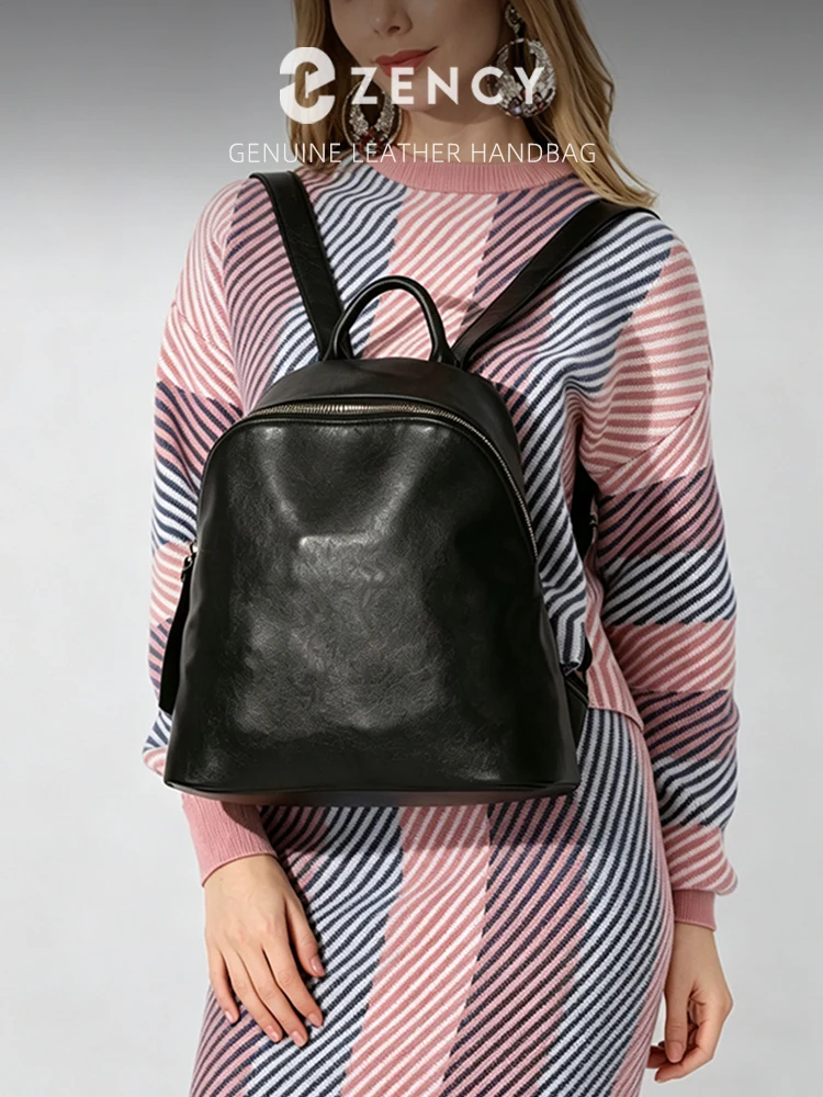 Zency Genuine Leather Women's Backpack Knapsack Multi-pocket Simple Travel Shoulder Bag High Quality Cowhide Leather Rucksack