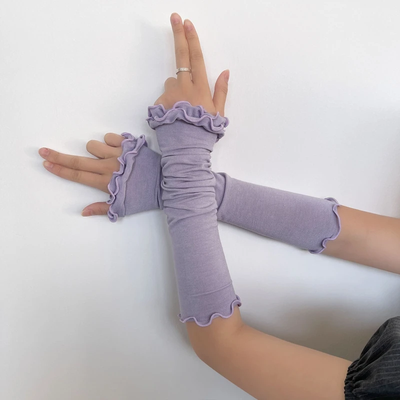Sweet Women Ruffle Arm Warmers Fingerless Long Gloves Lolita Solid Color Elastic Decorative Arm Sleeves