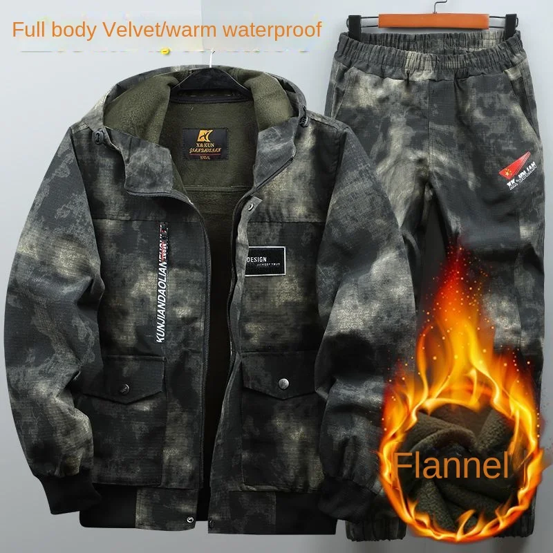 Winter 2022 Outdoor Plush Work Clothes Suit Men\'s Thicken Thermal Flannel Camouflage Clothes Wear-resistant Waterproof Labor Set