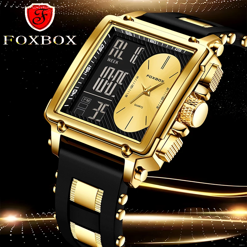 FOXBOX Luxury Watch Man Square Digital Casual Sports Waterproof Men's Quartz Wristwatches Chronograph Watches Male Orologio Uomo
