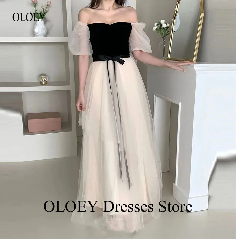 فساتين سهرة كورية متباينة من OLOEY مخصصة أنيقة بأكمام قصيرة من التل مناسبة رسمية للحفلات الراقصة للنساء