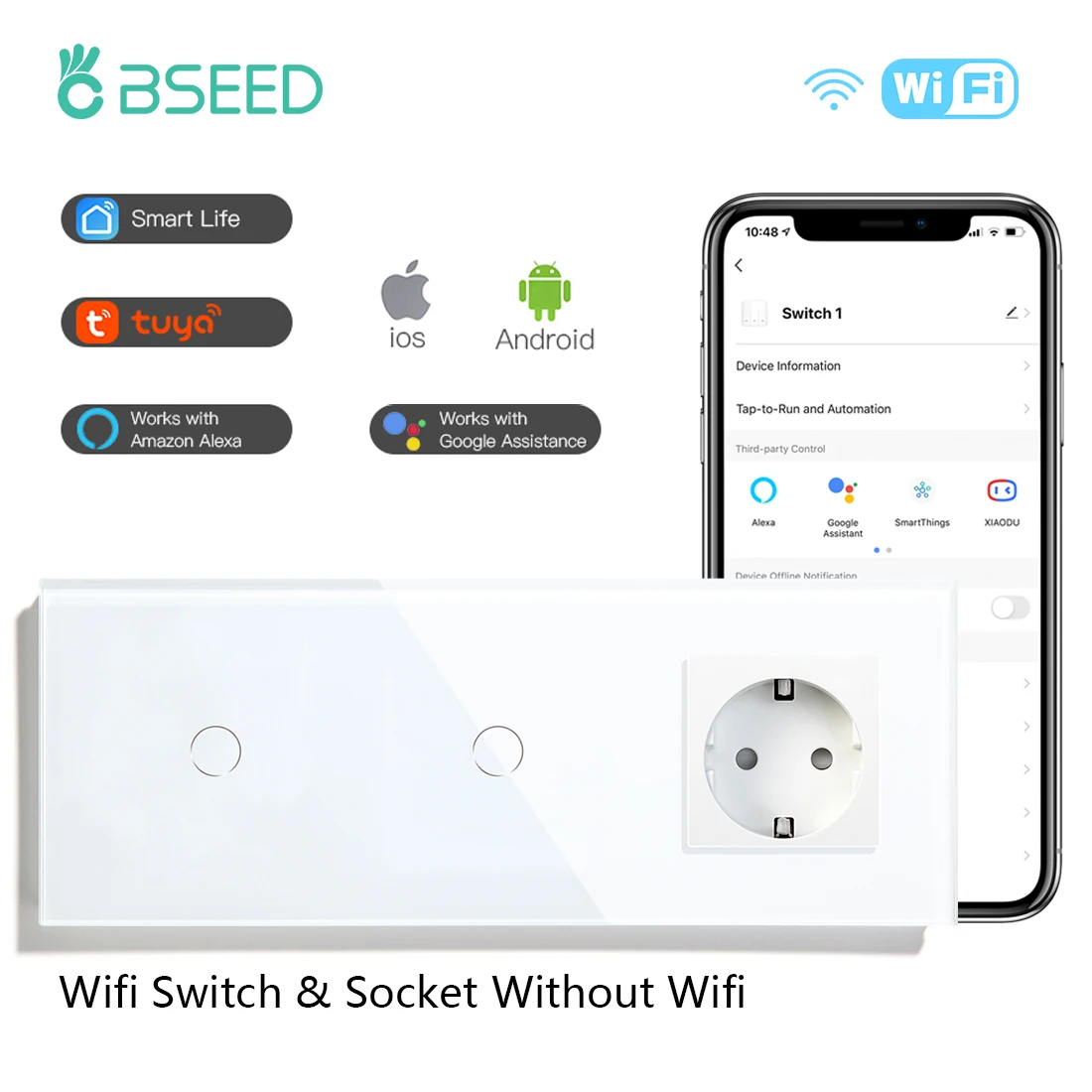 BSEED 1/2/3Gang 1/2/3Way Wifi Switches EU Socket Without Wifi Crystal Panel Alexa Google Tuya App Double Smart Light Switches