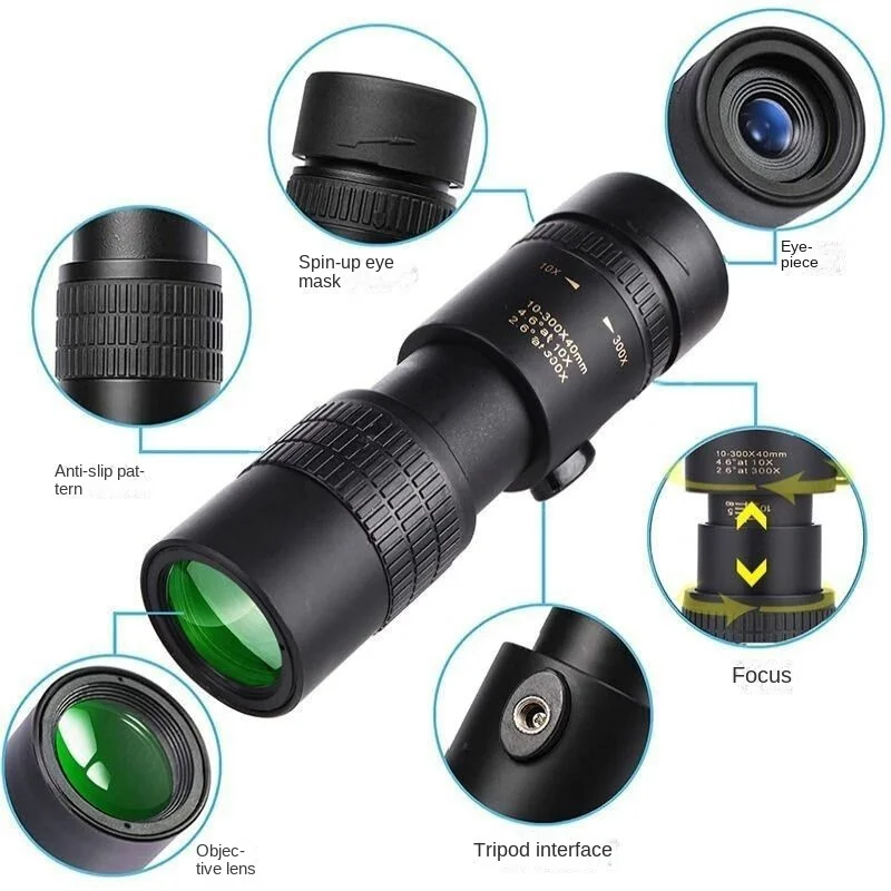 Monocolo Zoom 10-300X40 con Lente HD e Design Retrattile per Fotografia e Riprese Video con Smartphone