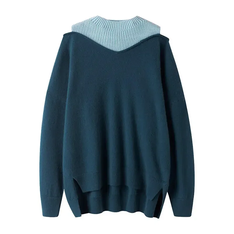 europe fashion patchwork oversized 100% cashmere loose sweater knitwear