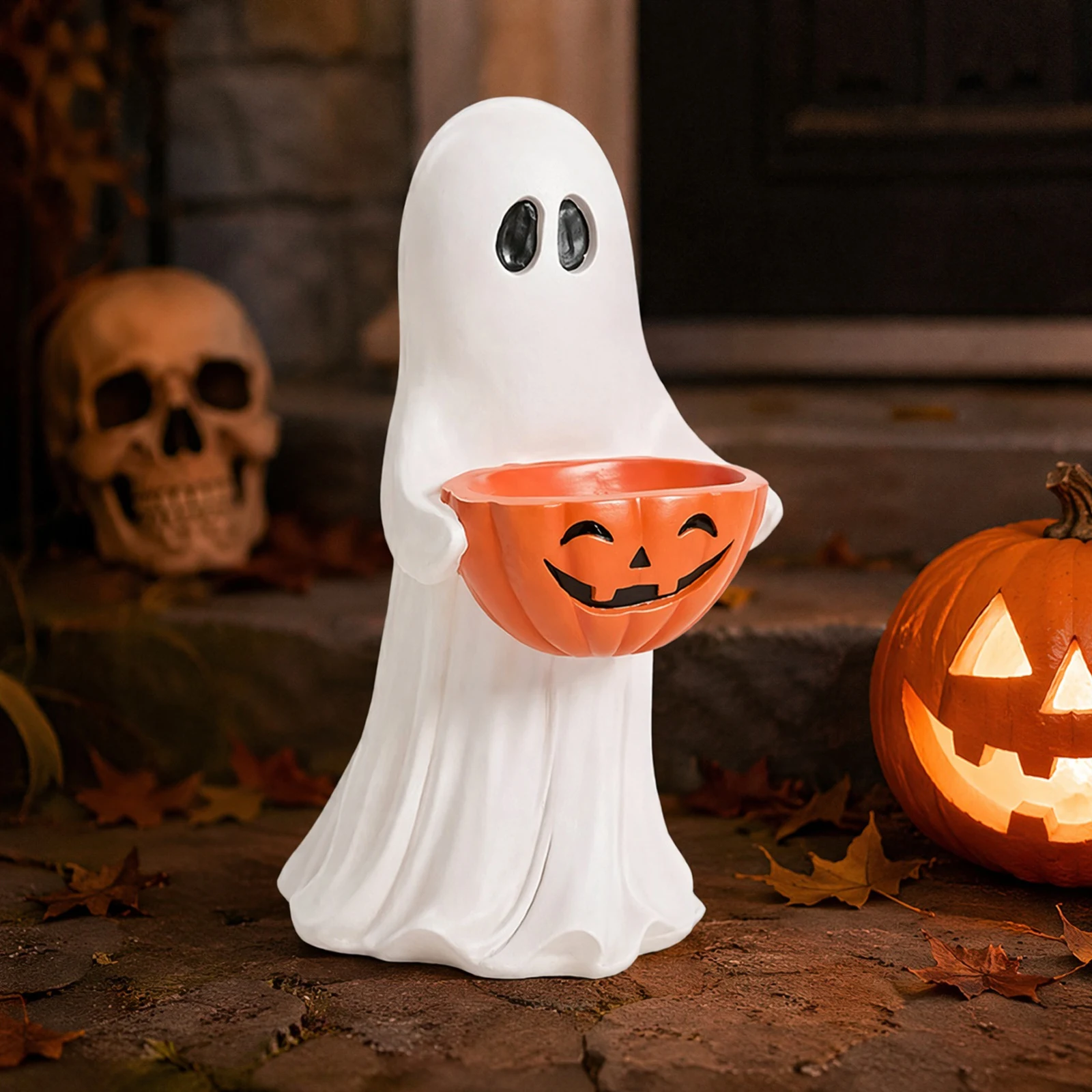 Resin Outdoor Ghost Pumpkins Figurine Weatherproof Trick Treat Candy Serving Bowls for Porch Yard Courtyard Lawn Terrace Decors