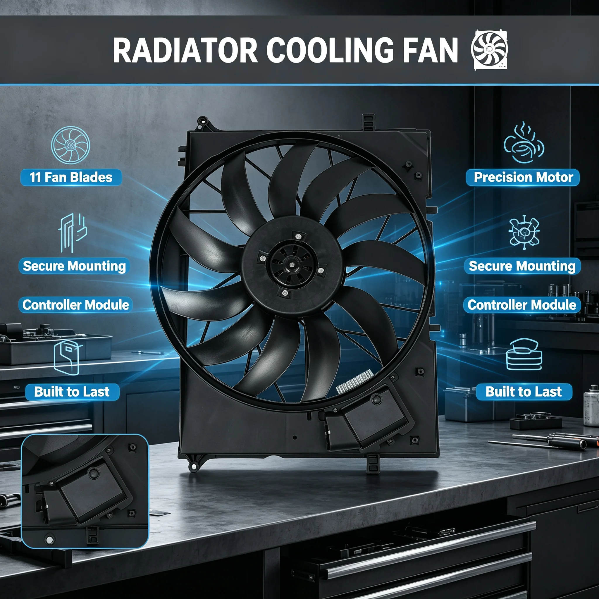 

850W High Performance Radiator Cooling Fan Assembly 12V 11 Blades 30% Reinforced Nylon Direct Replacement Engine Radiator Cooling Fan with Motor for 2001-2012 Mercedes-Benz 2205000293 2205000193