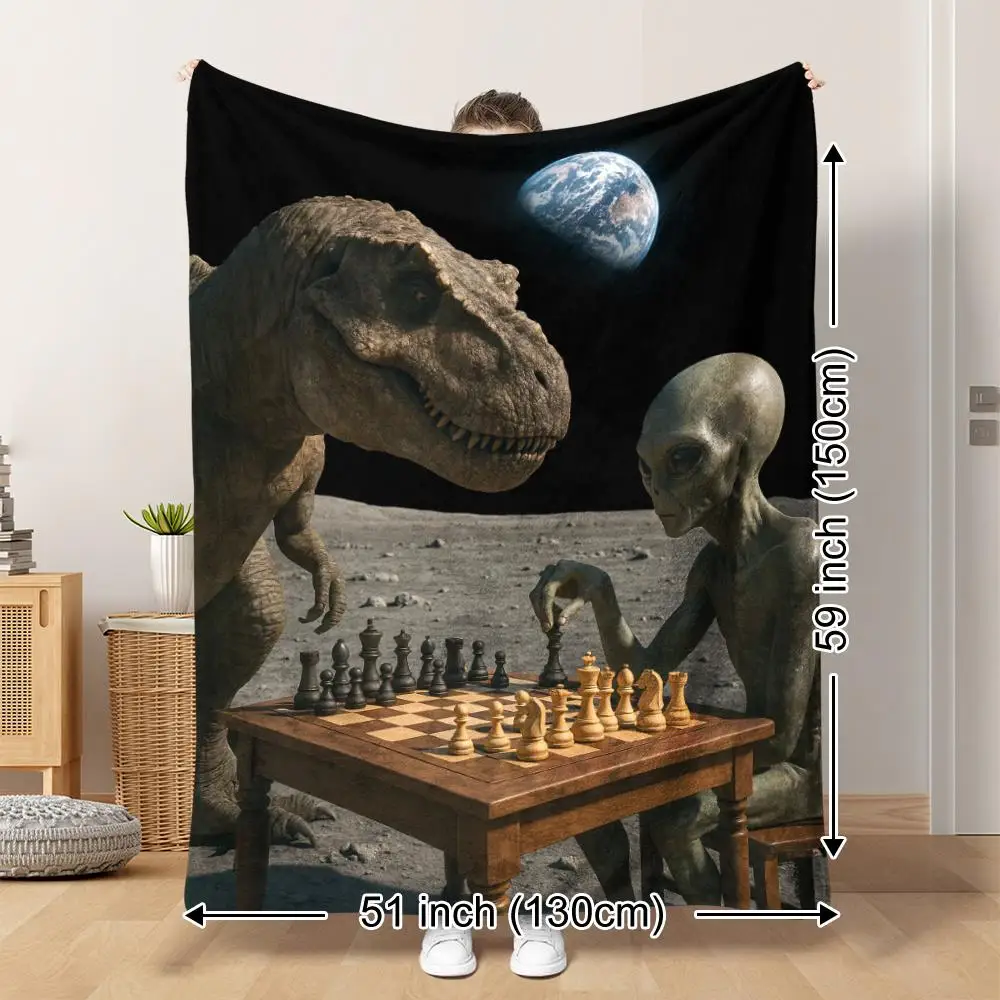 Sci-fi T-Rex Alien Chess Game Pattern Flannel Blanket Warm Cozy Printed Throw Blanket for Living Room Bedroom Travel