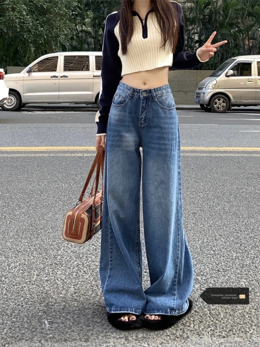 

High Waist Wide Leg Jeans Women's plus Size Washed out Loose Drapey Straight Cut Denim Pants Vintage Style Autumn Winter