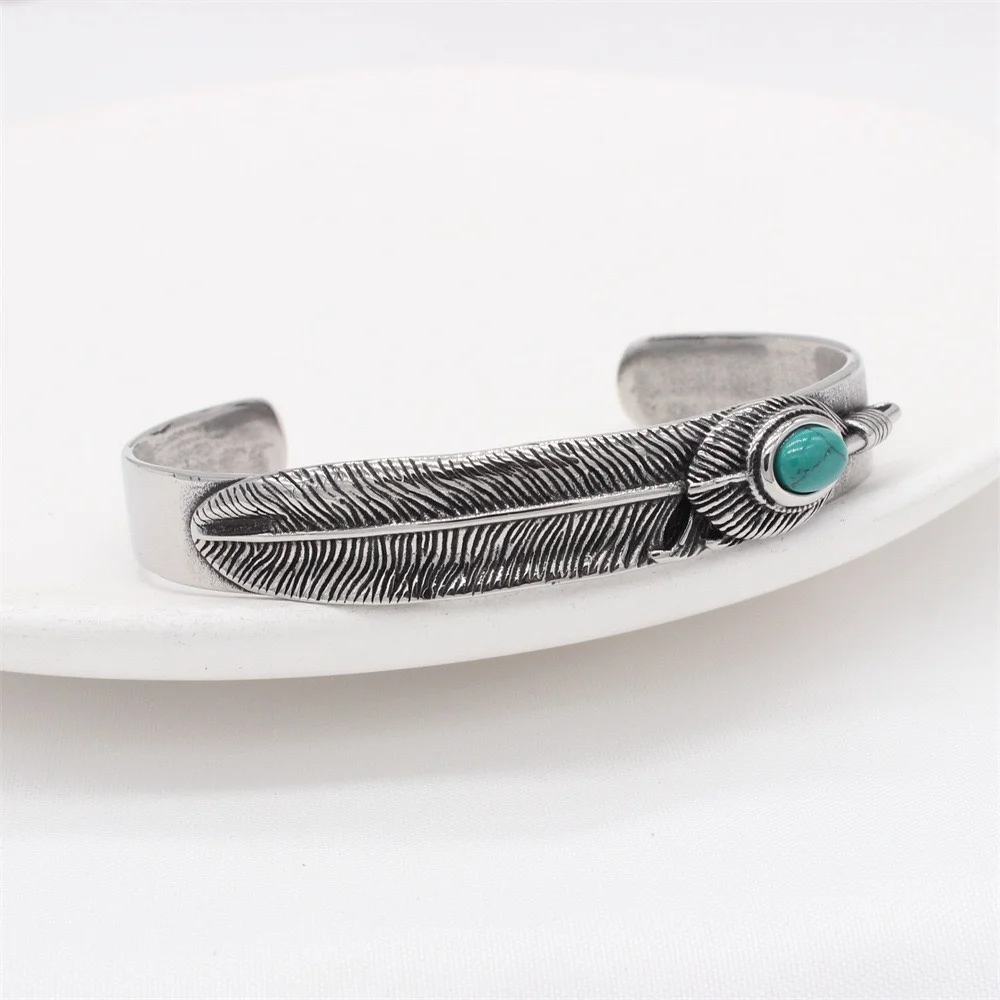Feather Bangle 316L Stainless Steel Biker Punk Man Boys Green Stone Bracelet