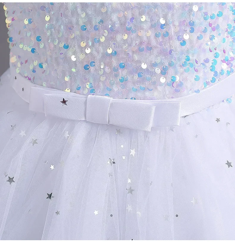 Shiny paillettes Hi-Lo Child Flower Girl abiti compleanno Tulle senza maniche Bow Starry Princess Kids Wedding Party abito formale