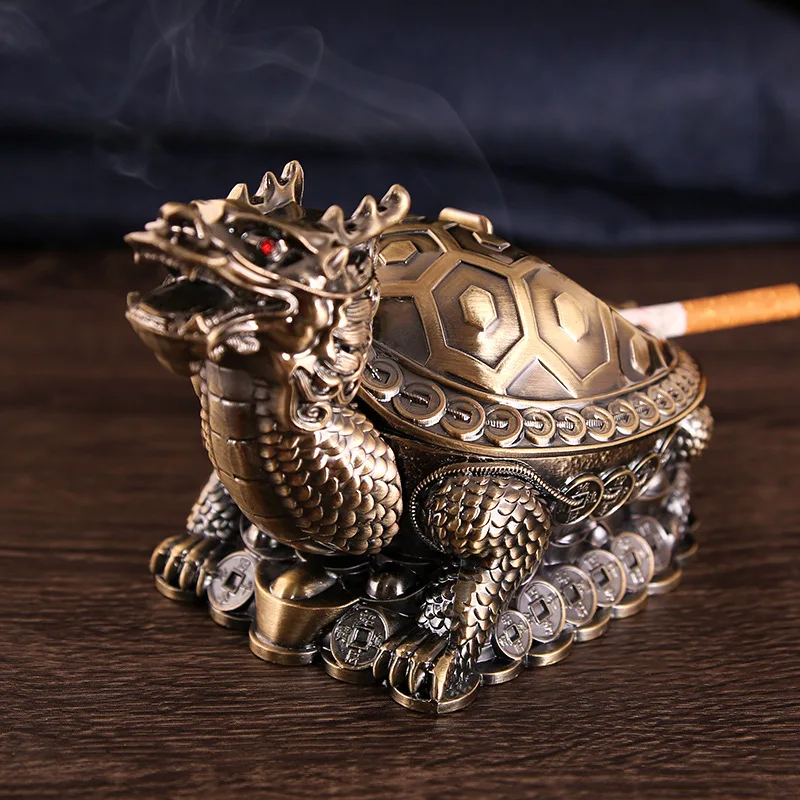 European Retro Dragon Turtle Ashtray Creative Trend Spherical With Cover Metal Ashtray Multi Functional Office Home Decoration