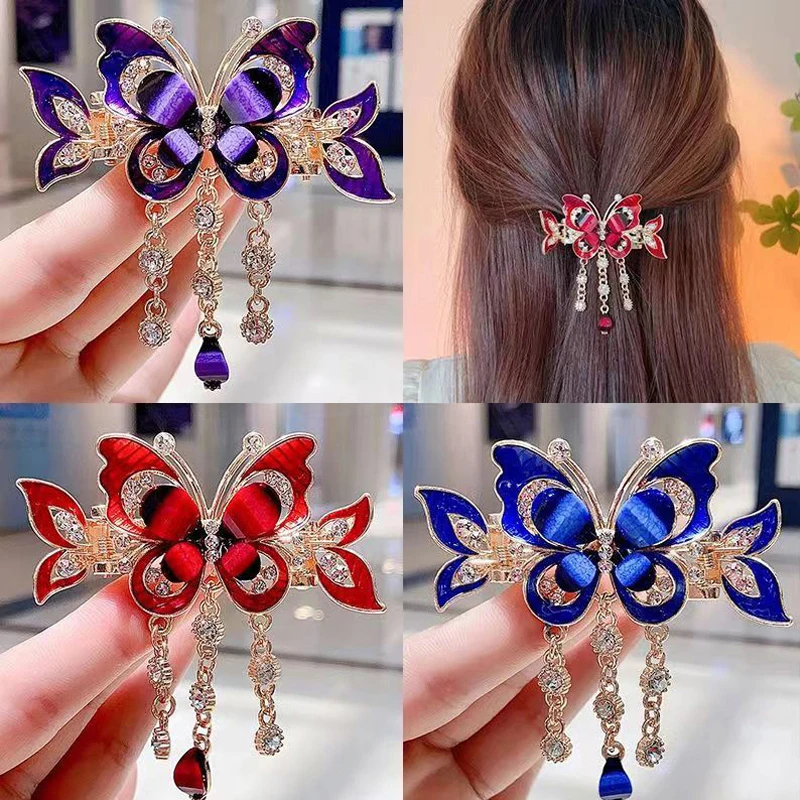 Fashion Elegant Zircon Butterfly Tassel Hairpin Accessories For Women Retro Ethnic Style Small Crab Clip Headwear Jewelry Gift