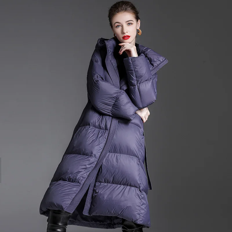 Luxury Brand High-Quality Long Down Jacket Winter Warmth Women's Slim-Fit Puffer Jacket Belted Design Cold-Resistant Coat Hooded
