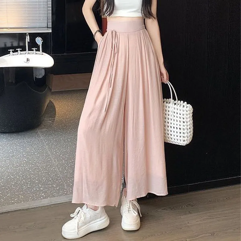 Elegant All-match Solid Lace Up Pants for Female Korean Elastic High Waist Casual Wide Leg Trousers Summer Women\'s Clothing