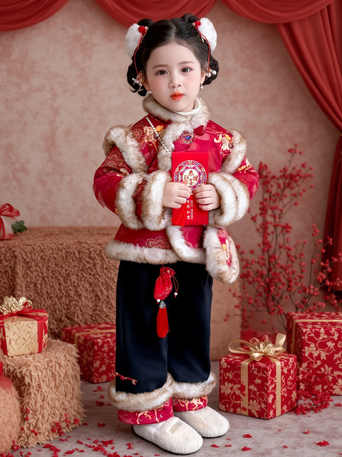 

Зимний ансамбль моды для девочек, хлопковые джинсы и брюки Thiened Fce, наряд для новогоднего праздника, 2026 год, сле