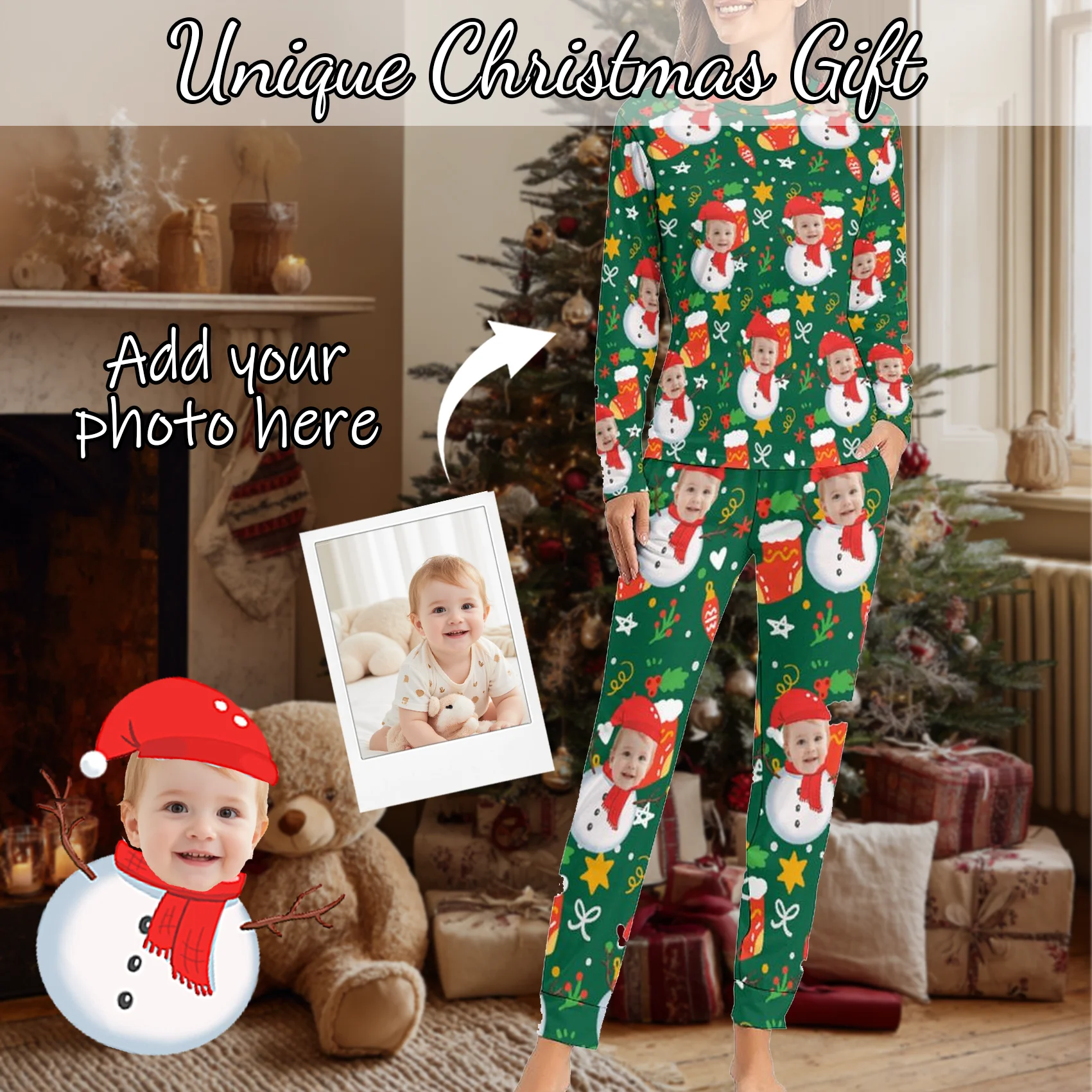 Benutzerdefinierte Damen-Pyjamas mit Gesicht, Homewear, individuelles Damen-Langarm-Pyjama-Set, personalisierter Pyjama mit Gesicht, individuelle Weihnachten