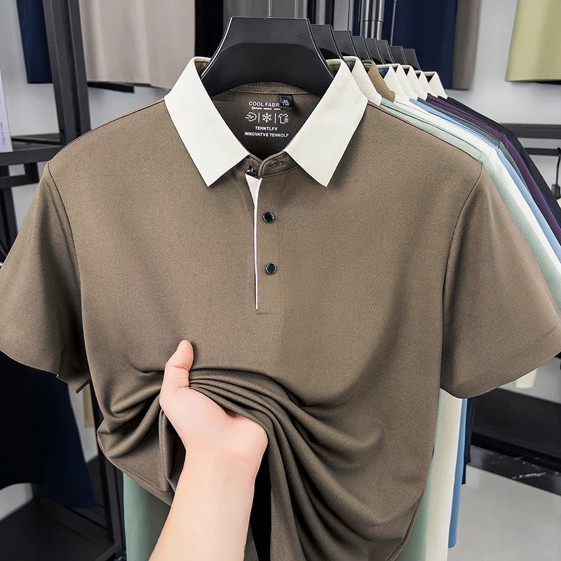 Men's Color Block Collar Polo Shirt Quick Dry Breathable Fabric Short Sleeve Lapel T Shirt For Business And Casual Wear image 2