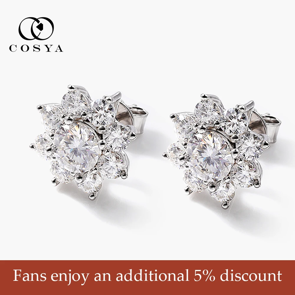 COSYA D VVS1 Moissnaite Earrings For Women 925 Sterling Sliver Plated 18k White Gold Snowflake Stud Ear Wedding Fine Jewelry