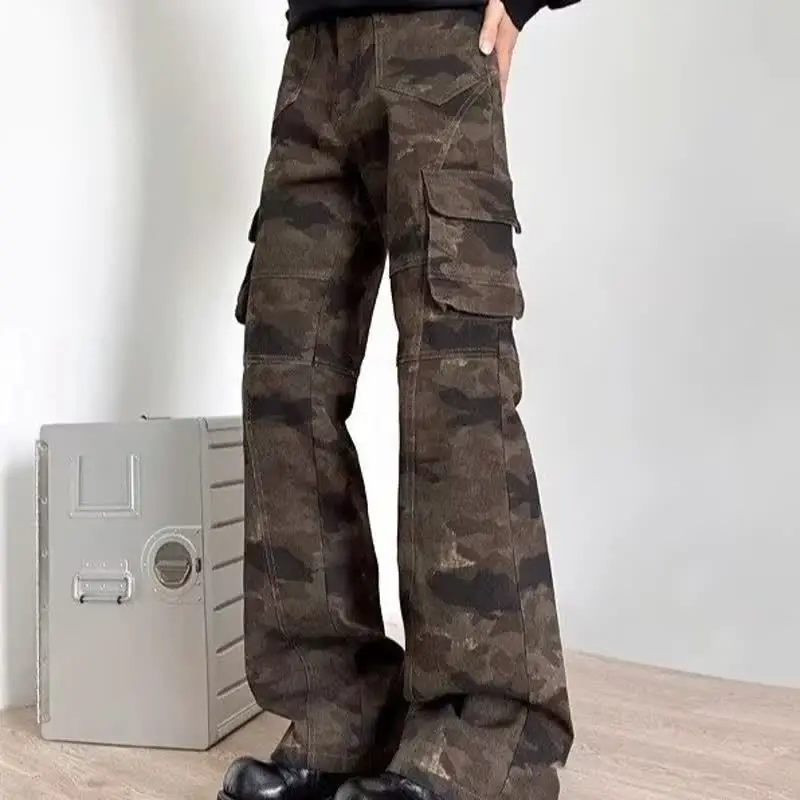 ANJY otoño nuevas mujeres pantalones vaqueros Cargo tridimensionales múltiples bolsillos camuflaje adelgazamiento estilo Safari pantalones vaqueros de calle alta A10162