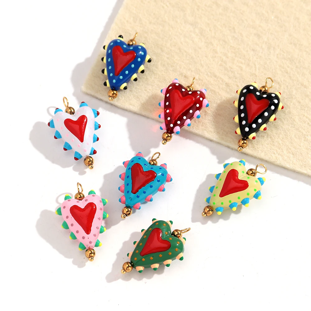 5/10 Stück Edelstahl Niedliche Herz-Lampwork-Glasanhänger Süße Liebesanhänger für DIY-Schmuckherstellung Ohrringe Halsketten Zubehör – Detail 4