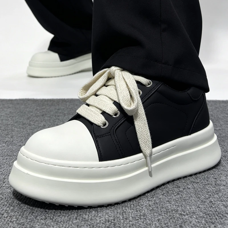 men fashion party banquet natural leather shoes lace-up flat platform derby shoe designer matte black sneakers trendy footwear