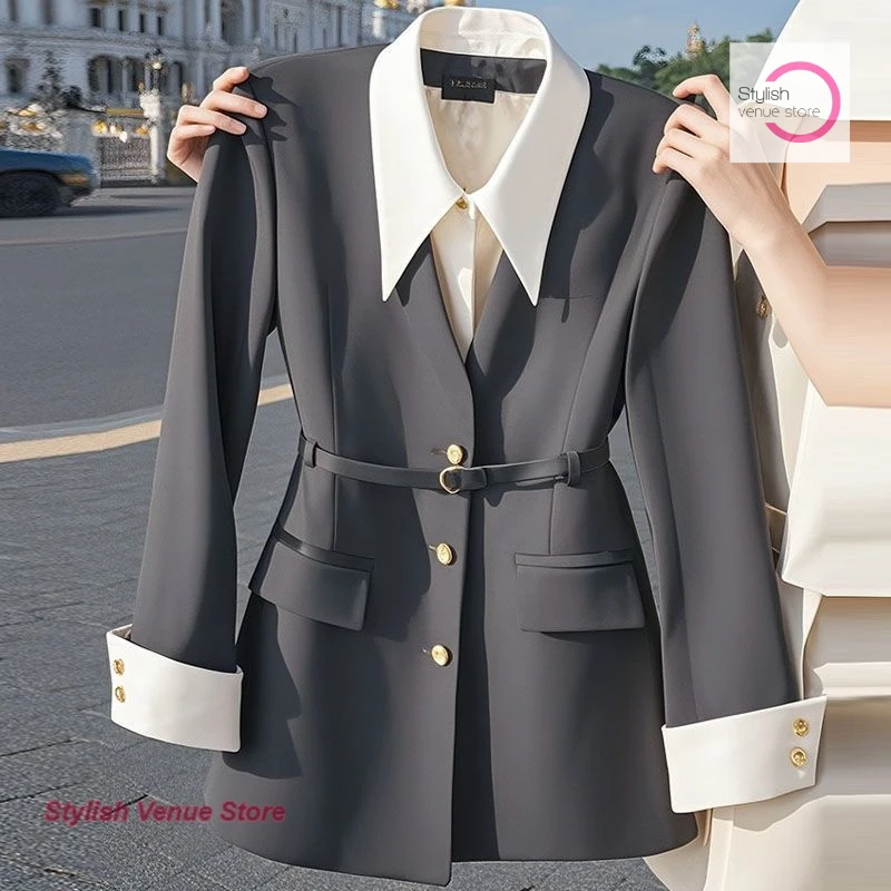 Camicie con cuciture in stile coreano finte due donne primaverili e autunnali moda piccoli abiti occidentali lungo cappotto dal temperamento britannico.