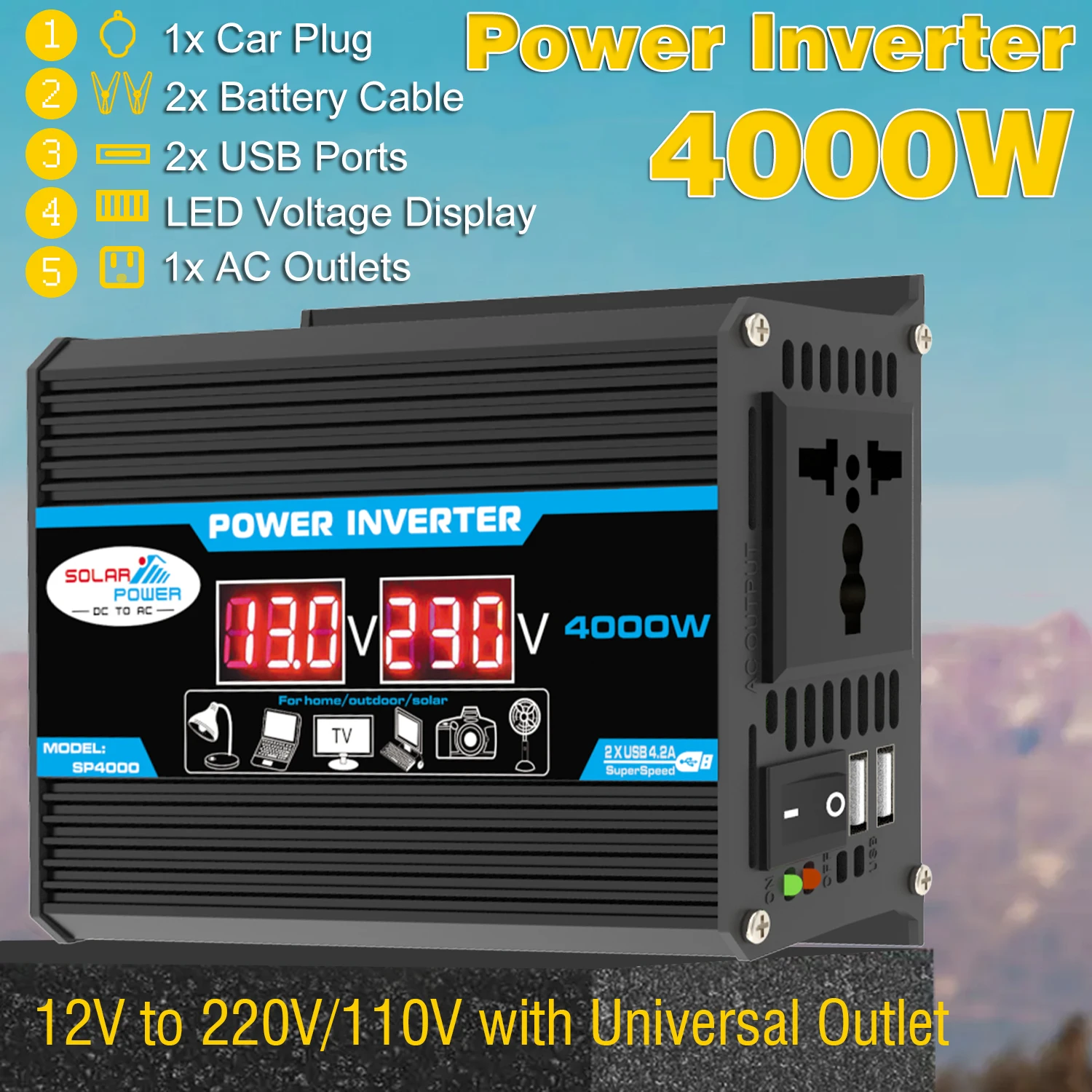 4000W Inverter 12V To 110V 220V DC To AC Voltage Converter Dual USB Intelligent  Auto LED Converter Vehicle-mounted Inverter