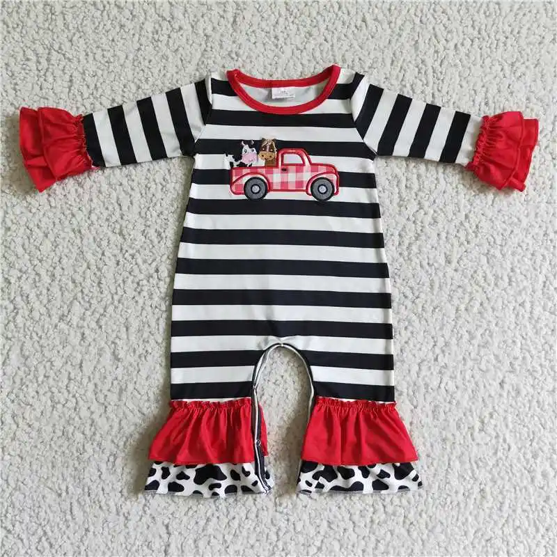 Christmas Match Girls Boys Farm Embroidered Car Stripe Long Sleeve Pants Set Wholesale Boutique Children Clothing RTS