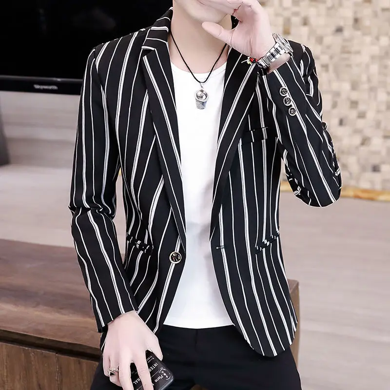 

3-A5 Small suit jacket men's spring and autumn new Korean style slim striped ponality single suit trendy casual men's suit top