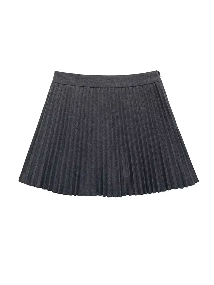 TRAFZA Woman's New Fashion Summer Mini Skirts Dark Gray High Waist Folds Decorate Side Zipper Short Skirts Female Pleated Skirts