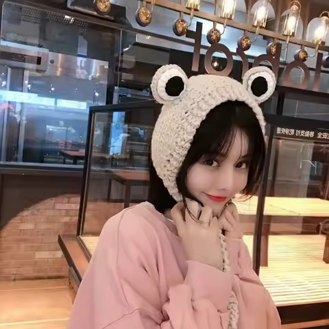 Gift Idea Cute Knitted Frog Hat Knitted Warm Women Beanie Hat Korean Style Warm Hat Cap Costume Accessory
