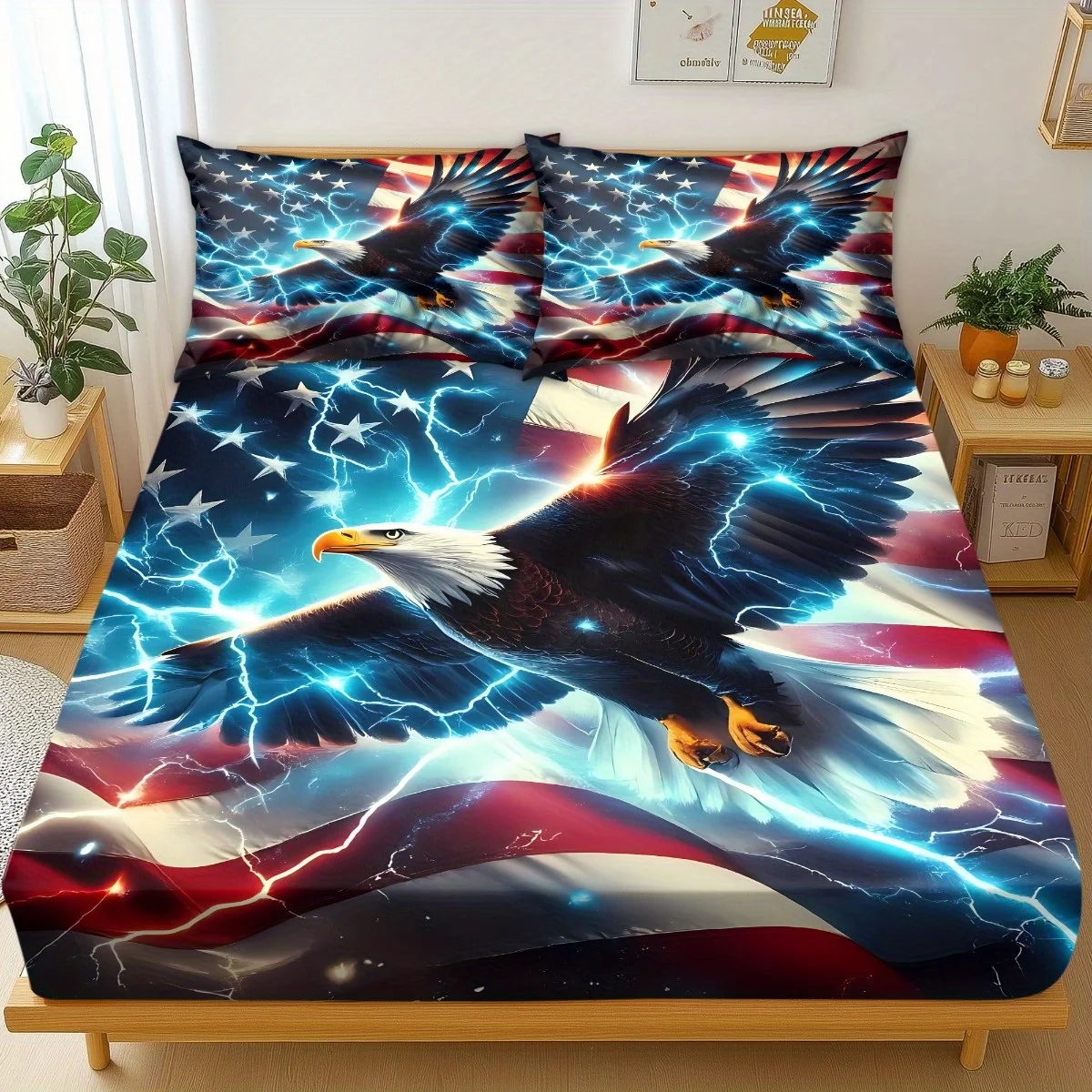 Three-piece eagle flag print bedding set, breathable and comfortable mattress protector, made of breathable polyester material (includes 1 fitted sheet + 2 pillowcases). Mattress protector, fitted sheet style with elastic edges, protective cover, mattress cover, fitted sheet bedding, Christmas-themed bedding