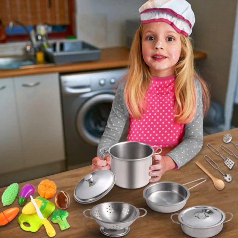 12PCS Kids Simulation Kitchen Toy Stainless Steel Kitchenware Tool Set Pot Pan Cooking Utensil Vegetables Interactive Toys Girls