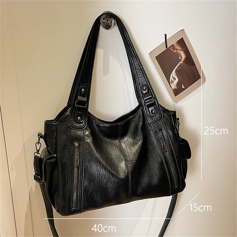 Two Layer Large Capacity Shopping Bag Women\'s Handbag High Quality Soft Leather Tote Bags Fashion Retro Female Shoulder Bolsas