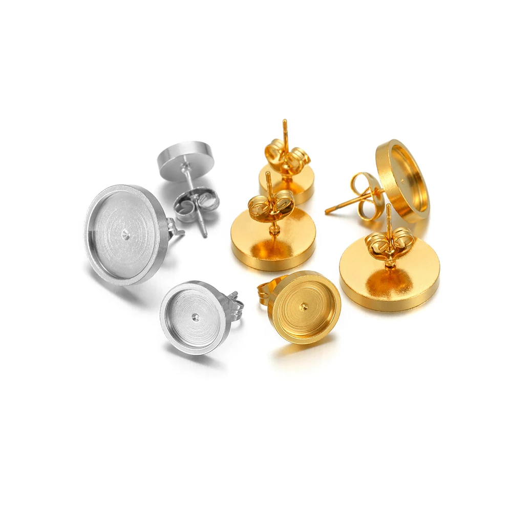 20pcs 18k Gold Stud Earring Base Stainless Steel Flat Setting Blank Earring Cabochon Tray DIY Fashion Jewelry Making Accessories