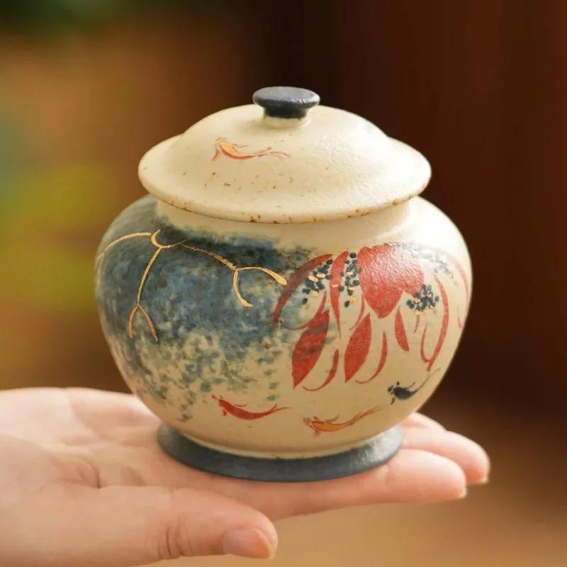 Vintage Painted Butterfly Scratch Ceramic Tea Jar Portable Mini Storage Box Home Food Moisture-proof Sealed Jar Home Decoration