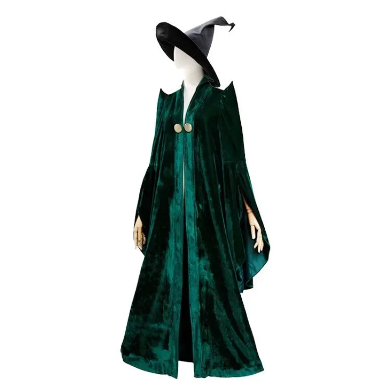 Disfraz del profesor de brujería Minerva McGonagall, capa verde de terciopelo, bata de juego de rol, disfraces de Halloween