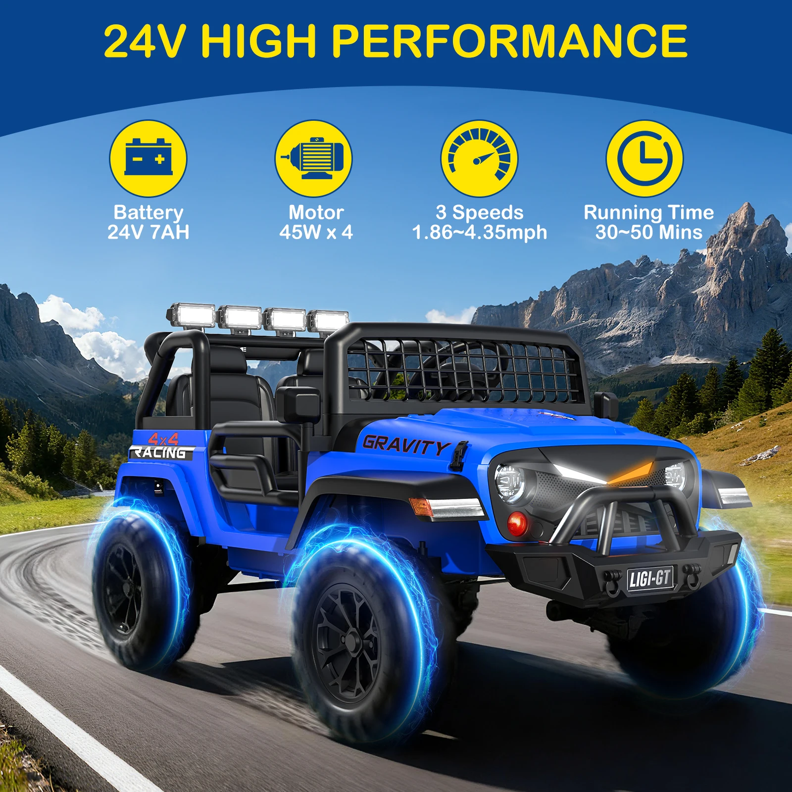 ركوب بمقعدين LIGIANT 24V 4WD، جهاز تحكم عن بعد، ممتص للصدمات، 3 سرعات، بداية ناعمة، LED، موسيقى وبلوتوث، هدية عيد الميلاد